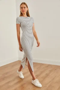 Olalook Women's White Crew Neck Slit Striped Midi Dress - Image 7