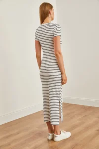 Olalook Women's White Crew Neck Slit Striped Midi Dress - Image 8