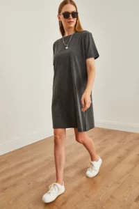 Olalook Women's Anthracite Crew Neck Washed Combed Cotton Dress