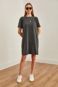 Olalook Women's Anthracite Crew Neck Washed Combed Cotton Dress - Image 2