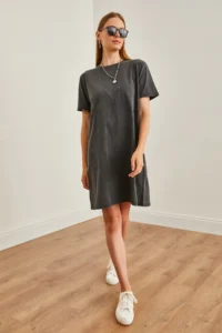 Olalook Women's Anthracite Crew Neck Washed Combed Cotton Dress - Image 3