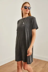 Olalook Women's Anthracite Crew Neck Washed Combed Cotton Dress - Image 4
