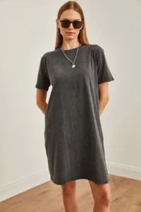 Olalook Women's Anthracite Crew Neck Washed Combed Cotton Dress - Image 5