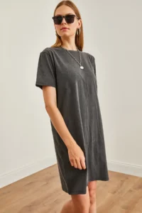 Olalook Women's Anthracite Crew Neck Washed Combed Cotton Dress - Image 6