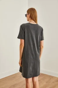 Olalook Women's Anthracite Crew Neck Washed Combed Cotton Dress - Image 7