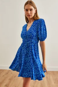 Olalook Women's Blue Balloon Sleeve Skirt Detailed Double Breasted Mini Woven Dress