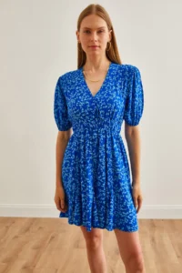 Olalook Women's Blue Balloon Sleeve Skirt Detailed Double Breasted Mini Woven Dress - Image 2