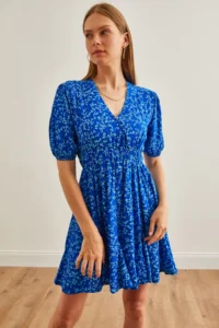 Olalook Women's Blue Balloon Sleeve Skirt Detailed Double Breasted Mini Woven Dress - Image 3