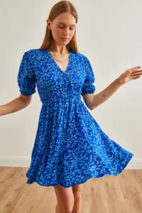 Olalook Women's Blue Balloon Sleeve Skirt Detailed Double Breasted Mini Woven Dress - Image 4