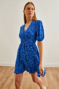Olalook Women's Blue Balloon Sleeve Skirt Detailed Double Breasted Mini Woven Dress - Image 5