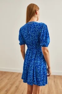 Olalook Women's Blue Balloon Sleeve Skirt Detailed Double Breasted Mini Woven Dress - Image 6