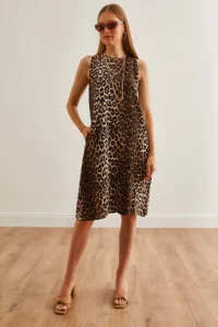 Olalook Women's Leopard Black Pocketed A-form Woven Viscon Dress