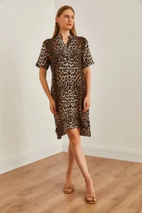 Olalook Women's Leopard Black Magnetic Collar Button Detailed Mini Woven Dress - Image 2