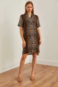 Olalook Women's Leopard Black Magnetic Collar Button Detailed Mini Woven Dress - Image 3