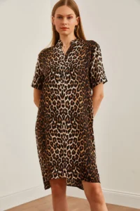 Olalook Women's Leopard Black Magnetic Collar Button Detailed Mini Woven Dress - Image 4