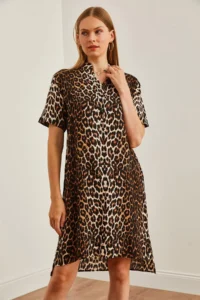 Olalook Women's Leopard Black Magnetic Collar Button Detailed Mini Woven Dress - Image 6