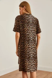 Olalook Women's Leopard Black Magnetic Collar Button Detailed Mini Woven Dress - Image 7