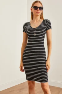 Olalook Women's Striped Black V-neck Flexible Mini Dress