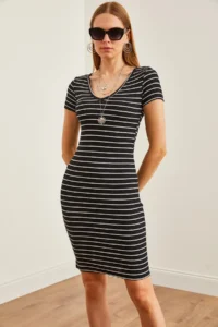 Olalook Women's Striped Black V-neck Flexible Mini Dress - Image 3