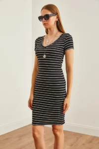 Olalook Women's Striped Black V-neck Flexible Mini Dress - Image 4