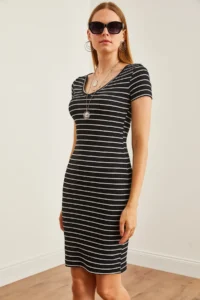Olalook Women's Striped Black V-neck Flexible Mini Dress - Image 5