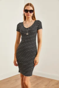 Olalook Women's Striped Black V-neck Flexible Mini Dress - Image 6