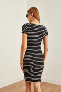 Olalook Women's Striped Black V-neck Flexible Mini Dress - Image 7