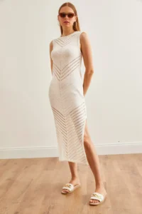 Olalook Women's Ecru Openwork Detailed Slit Summer Knitwear Dress