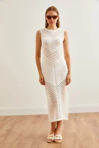 Olalook Women's Ecru Openwork Detailed Slit Summer Knitwear Dress - Image 2