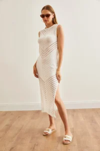 Olalook Women's Ecru Openwork Detailed Slit Summer Knitwear Dress - Image 3