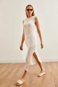Olalook Women's Ecru Openwork Detailed Slit Summer Knitwear Dress - Image 4