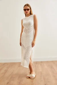 Olalook Women's Ecru Openwork Detailed Slit Summer Knitwear Dress - Image 5