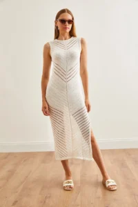 Olalook Women's Ecru Openwork Detailed Slit Summer Knitwear Dress - Image 6