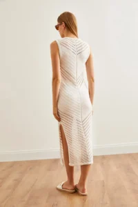 Olalook Women's Ecru Openwork Detailed Slit Summer Knitwear Dress - Image 7