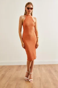 Olalook Women's Onion Skin Herringbone Braided Halter Neck Summer Knitwear Dress - Image 2