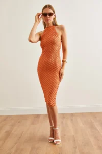 Olalook Women's Onion Skin Herringbone Braided Halter Neck Summer Knitwear Dress - Image 3