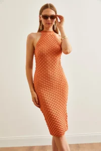 Olalook Women's Onion Skin Herringbone Braided Halter Neck Summer Knitwear Dress - Image 4