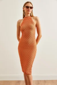 Olalook Women's Onion Skin Herringbone Braided Halter Neck Summer Knitwear Dress - Image 5