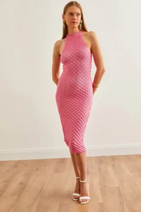 Olalook Women's Pink Herringbone Knitted Halter Neck Summer Knitwear Dress