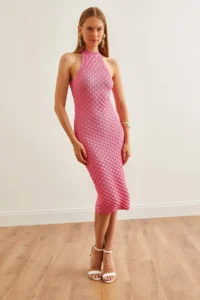 Olalook Women's Pink Herringbone Knitted Halter Neck Summer Knitwear Dress - Image 2