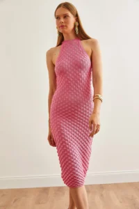 Olalook Women's Pink Herringbone Knitted Halter Neck Summer Knitwear Dress - Image 3