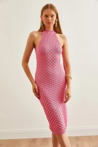 Olalook Women's Pink Herringbone Knitted Halter Neck Summer Knitwear Dress - Image 4