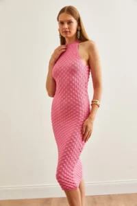 Olalook Women's Pink Herringbone Knitted Halter Neck Summer Knitwear Dress - Image 5