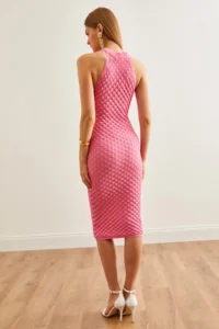 Olalook Women's Pink Herringbone Knitted Halter Neck Summer Knitwear Dress - Image 6