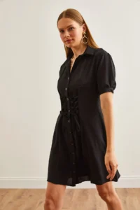 Olalook Women's Black Waist Gather Detailed Mini Shirt Dress - Image 2