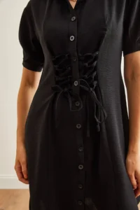 Olalook Women's Black Waist Gather Detailed Mini Shirt Dress - Image 3