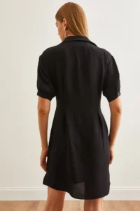 Olalook Women's Black Waist Gather Detailed Mini Shirt Dress - Image 4