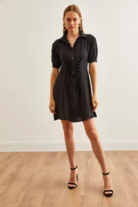 Olalook Women's Black Waist Gather Detailed Mini Shirt Dress - Image 5