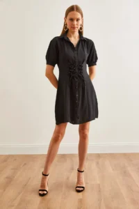 Olalook Women's Black Waist Gather Detailed Mini Shirt Dress - Image 6