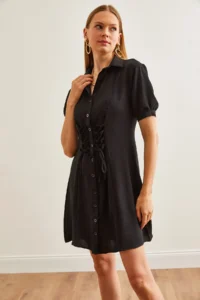Olalook Women's Black Waist Gather Detailed Mini Shirt Dress - Image 7